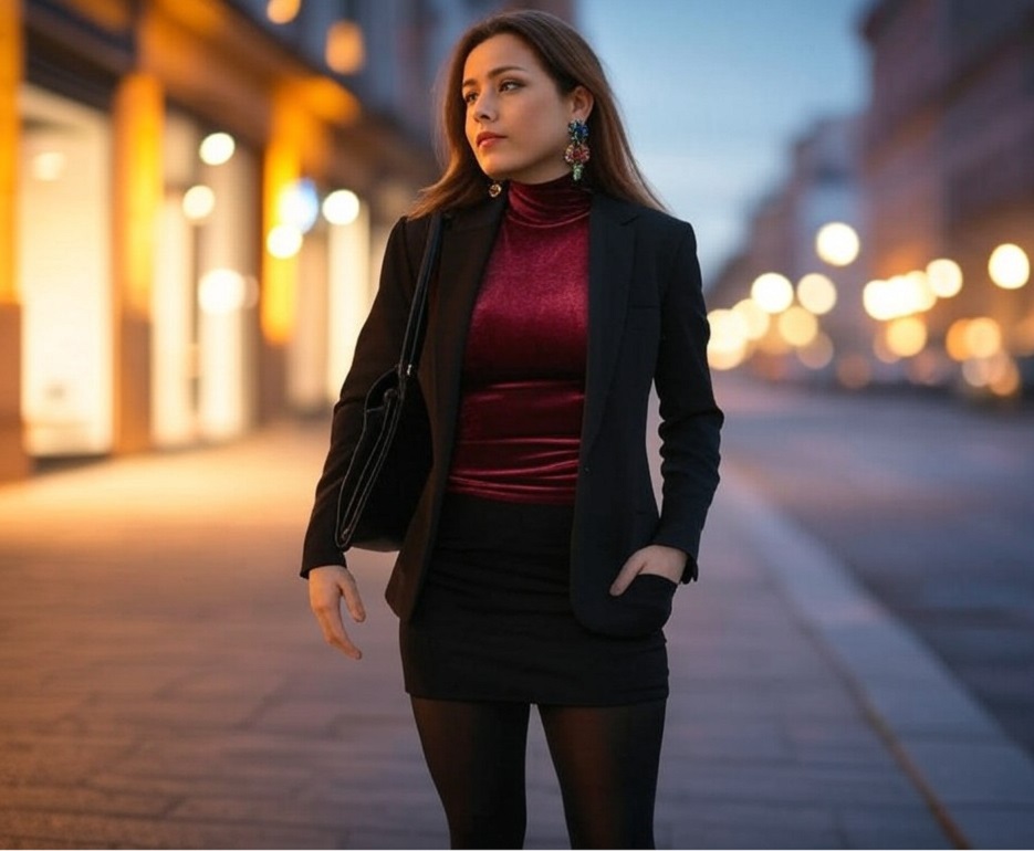 modelka w dopasowanej czarnej marynarce i spódnicy