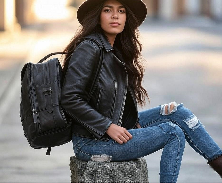 modelka z plecakiem, kapeluszem i kurtką w stylu mody ulicznej